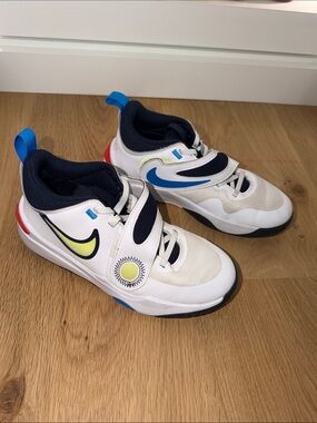 Nike Boys White Kids Sneakers with Blue and Yellow Accents - 5.5